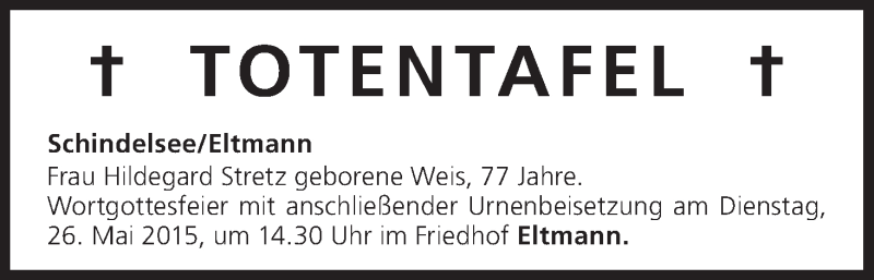  Traueranzeige für Totentafel 23.05.2015 vom 23.05.2015 aus MGO