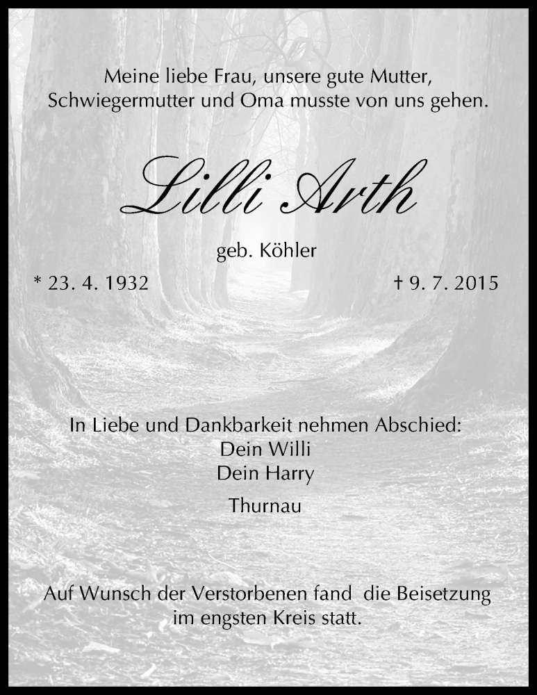  Traueranzeige für Lilli Arth vom 27.08.2015 aus MGO