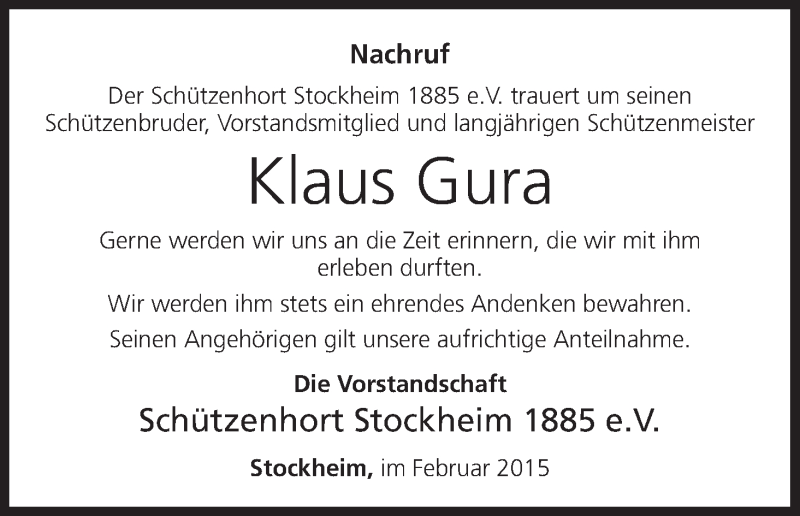  Traueranzeige für Klaus Gura vom 12.02.2015 aus MGO