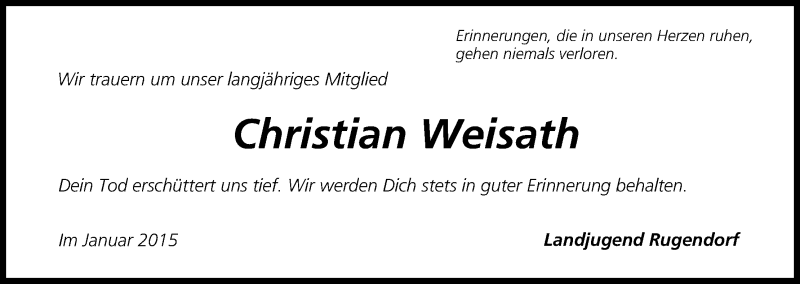  Traueranzeige für Christian Weisath vom 20.01.2015 aus MGO