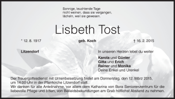 Anzeige von Lisbeth Tost von MGO