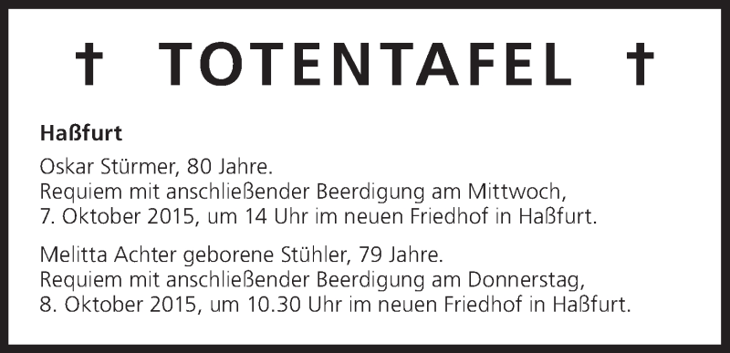  Traueranzeige für Totentafel vom 06.10.2015 vom 06.10.2015 aus MGO