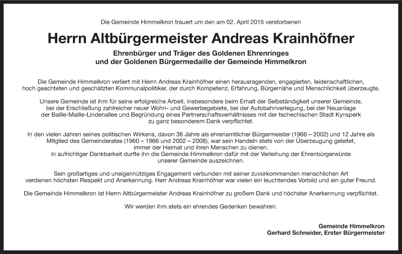  Traueranzeige für Andreas Krainhöfner vom 08.04.2015 aus MGO