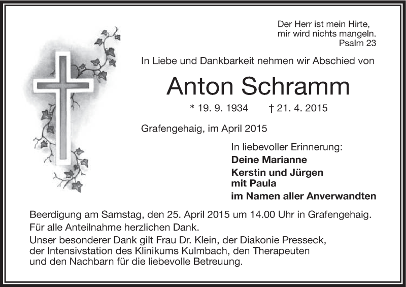  Traueranzeige für Anton Schramm vom 24.04.2015 aus MGO