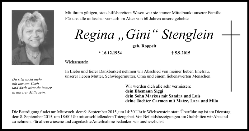  Traueranzeige für Regina Stenglein vom 07.09.2015 aus MGO