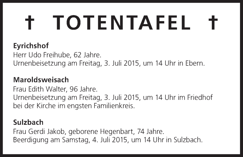  Traueranzeige für Udo Freihube vom 03.07.2015 aus MGO