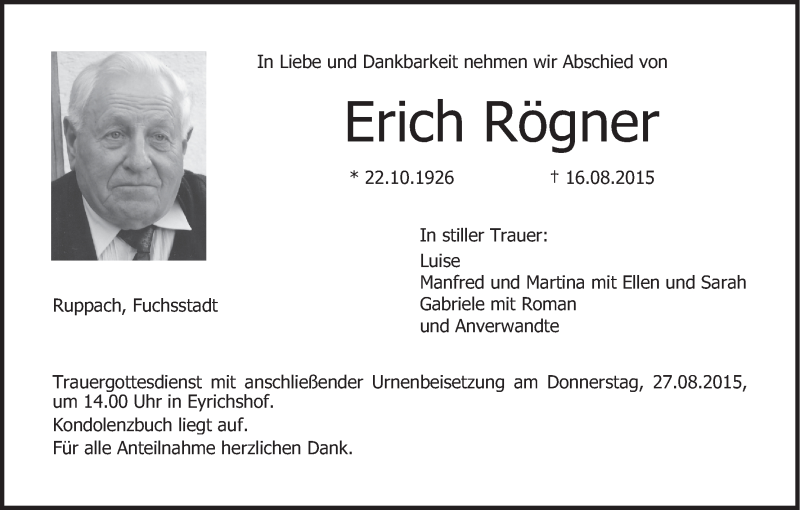 Traueranzeige für Erich Rögner vom 25.08.2015 aus MGO
