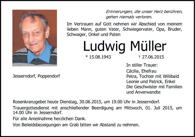 Traueranzeige für Ludwig Müller vom 30.06.2015 aus MGO