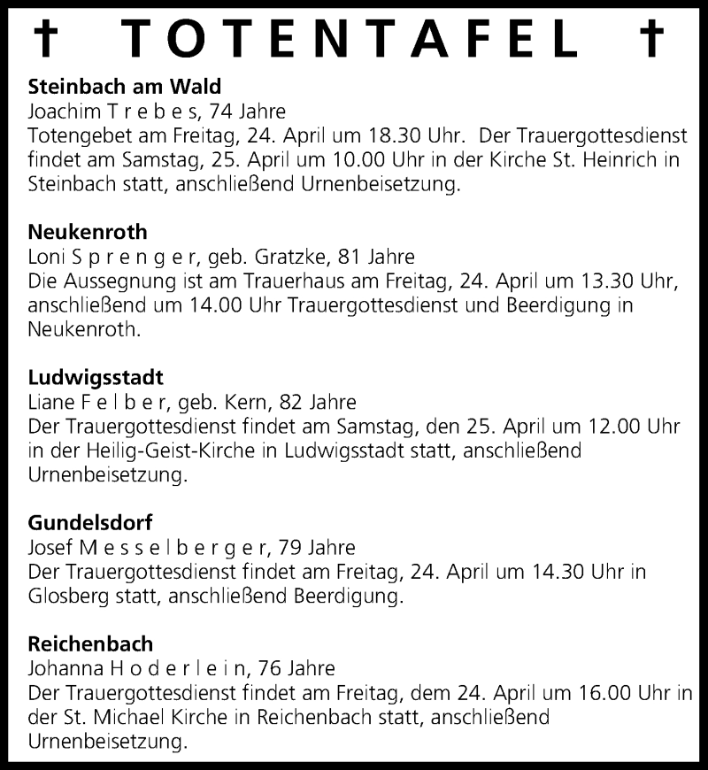  Traueranzeige für Totentafel 24.04.2015 vom 24.04.2015 aus MGO