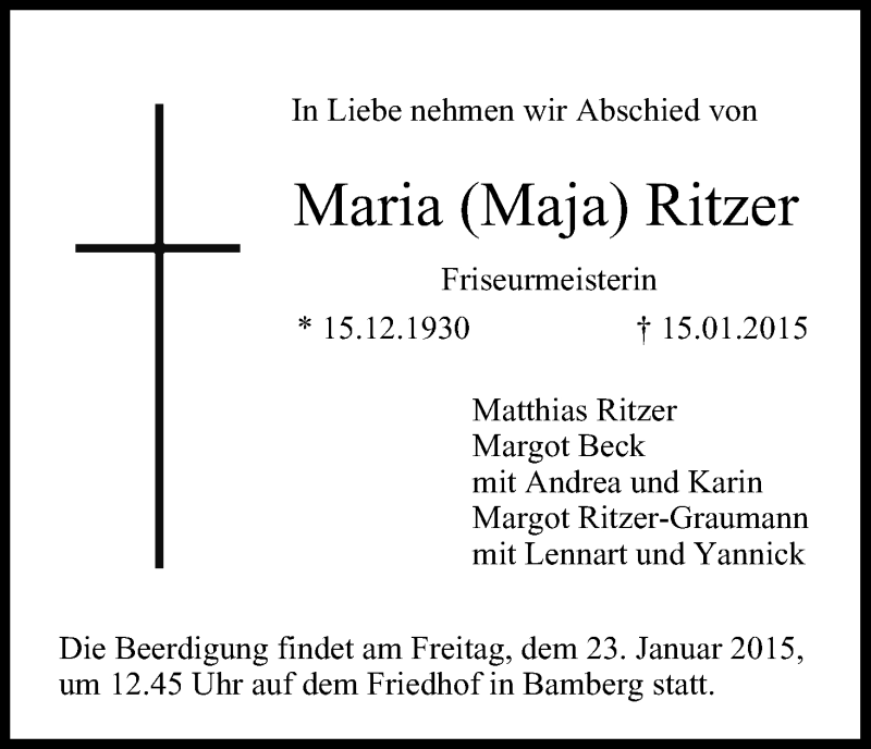  Traueranzeige für Maria Ritzer vom 21.01.2015 aus MGO