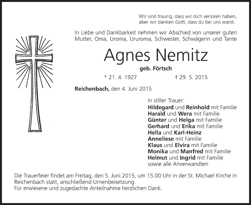  Traueranzeige für Agnes Nemitz vom 04.06.2015 aus MGO