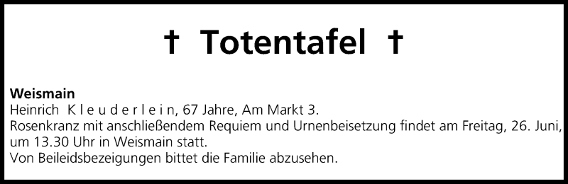  Traueranzeige für Heinrich Kleuderlein vom 25.06.2015 aus MGO