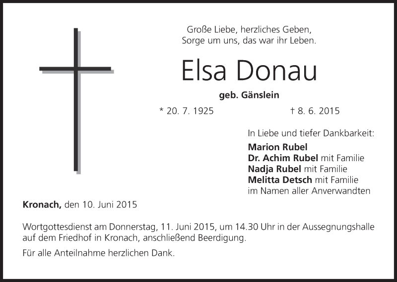  Traueranzeige für Elsa Donau vom 10.06.2015 aus MGO