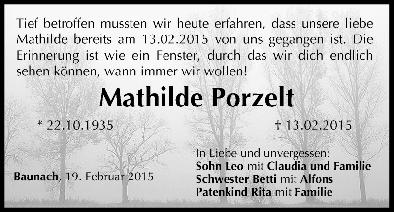  Traueranzeige für Mathilde Porzelt vom 21.02.2015 aus MGO