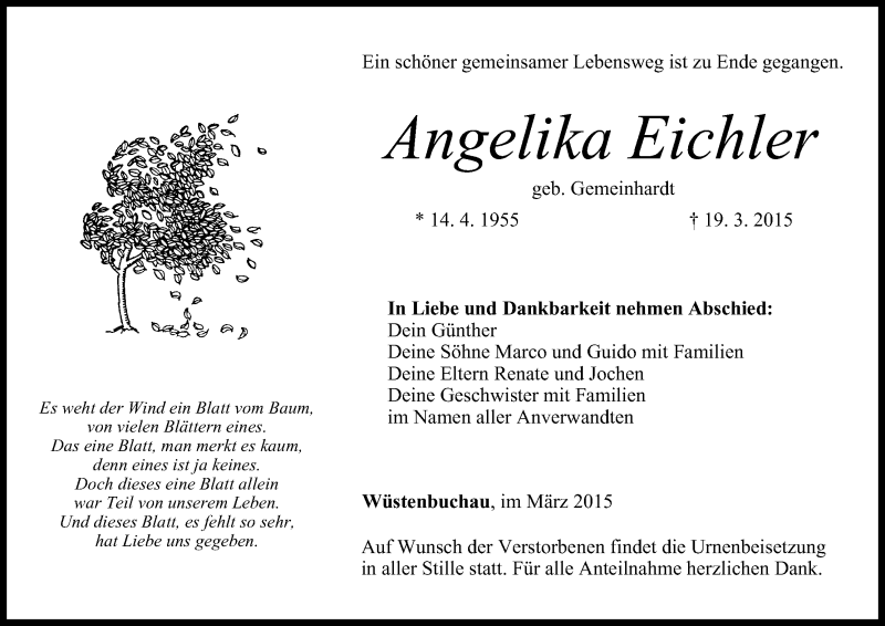  Traueranzeige für Angelika Eichler vom 26.03.2015 aus MGO