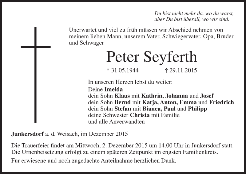  Traueranzeige für Peter Seyferth vom 01.12.2015 aus MGO
