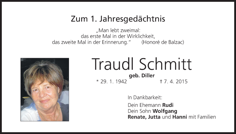  Traueranzeige für Traudl Schmitt vom 07.04.2015 aus MGO