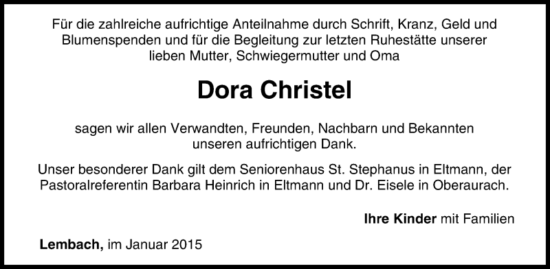 Traueranzeige für Dora Christel vom 17.01.2015 aus MGO