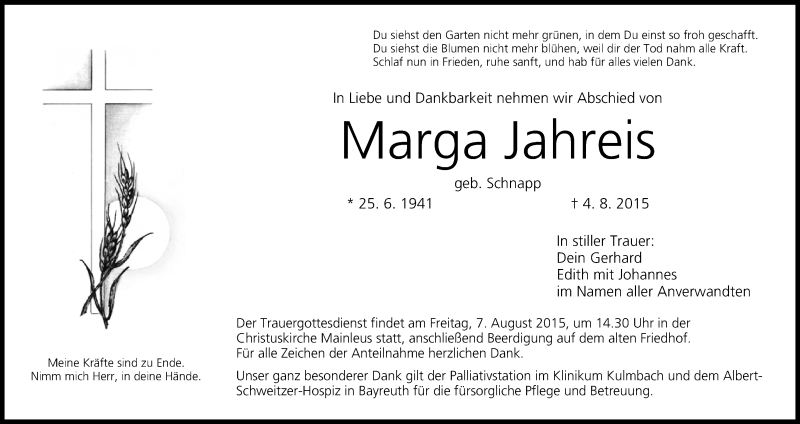  Traueranzeige für Marga Jahreis vom 05.08.2015 aus MGO