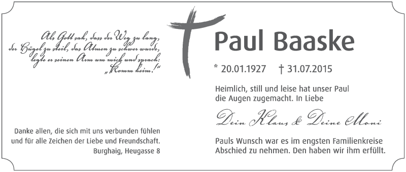  Traueranzeige für Paul Baaske vom 08.08.2015 aus MGO
