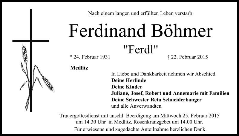  Traueranzeige für Ferdinand Böhmer vom 24.02.2015 aus MGO