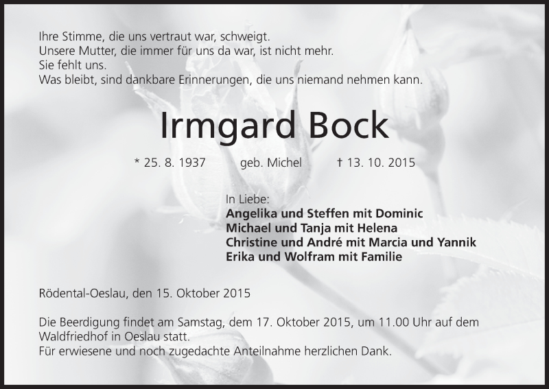  Traueranzeige für Irmgard Bock vom 15.10.2015 aus MGO