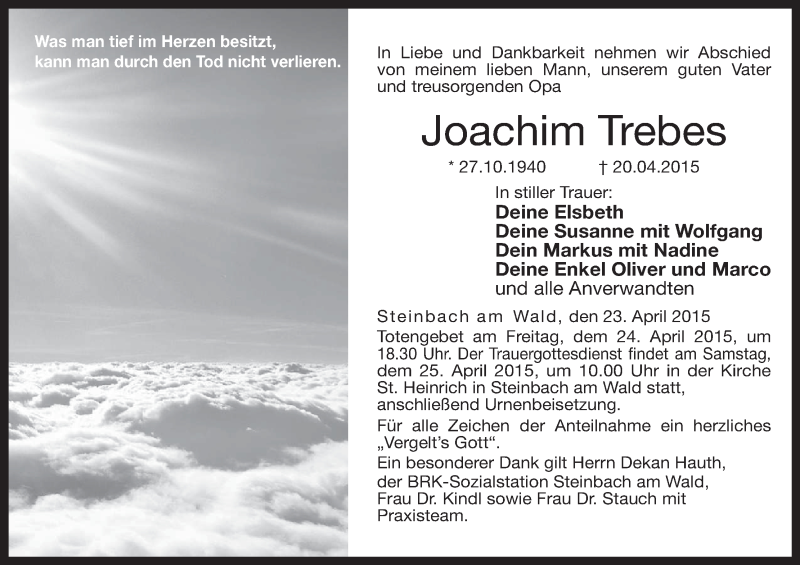  Traueranzeige für Joachim Trebes vom 23.04.2015 aus MGO