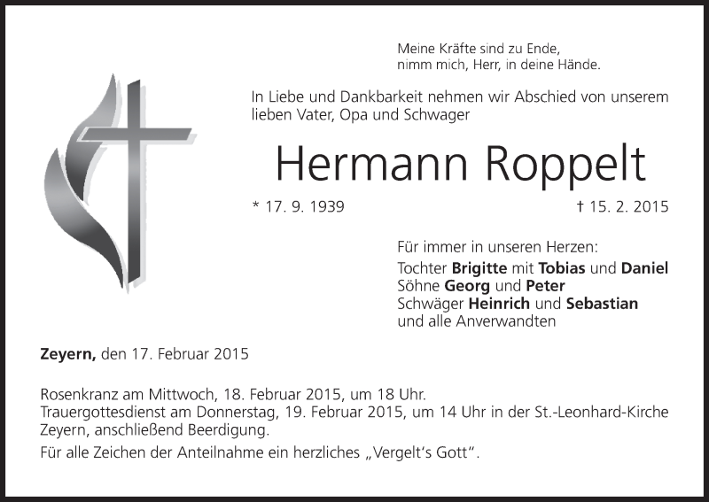  Traueranzeige für Hermann Roppelt vom 17.02.2015 aus MGO