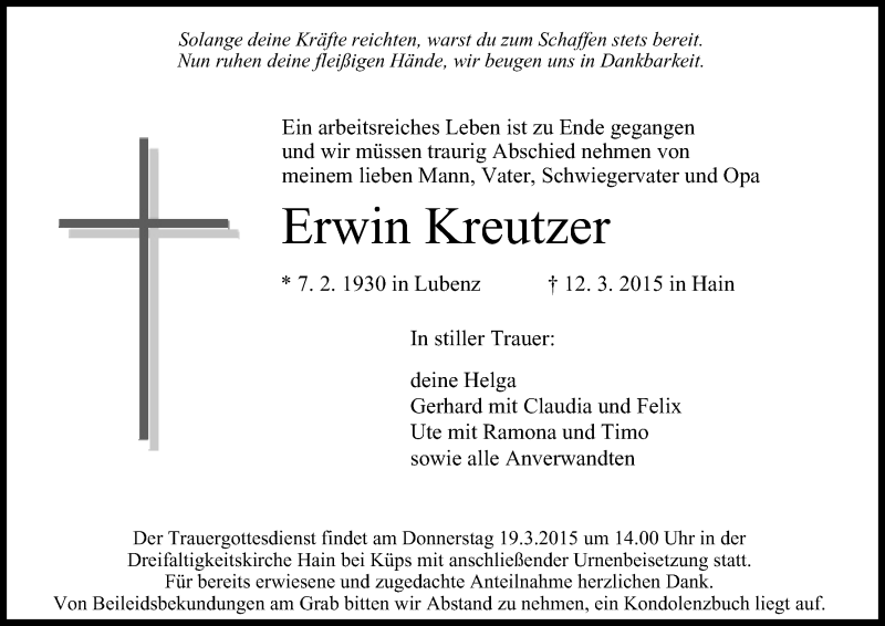  Traueranzeige für Erwin Kreutzer vom 16.03.2015 aus MGO