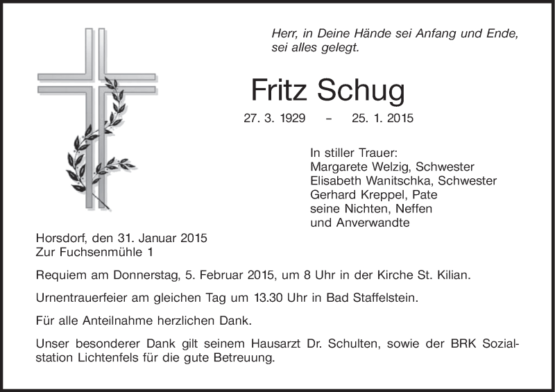  Traueranzeige für Fritz Schug vom 31.01.2015 aus MGO