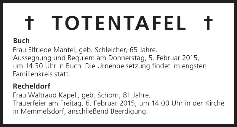  Traueranzeige für Totentafel vom 04.02.2015 vom 04.02.2015 aus MGO