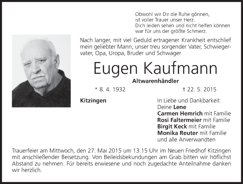  Traueranzeige für Eugen Kaufmann vom 26.05.2015 aus MGO