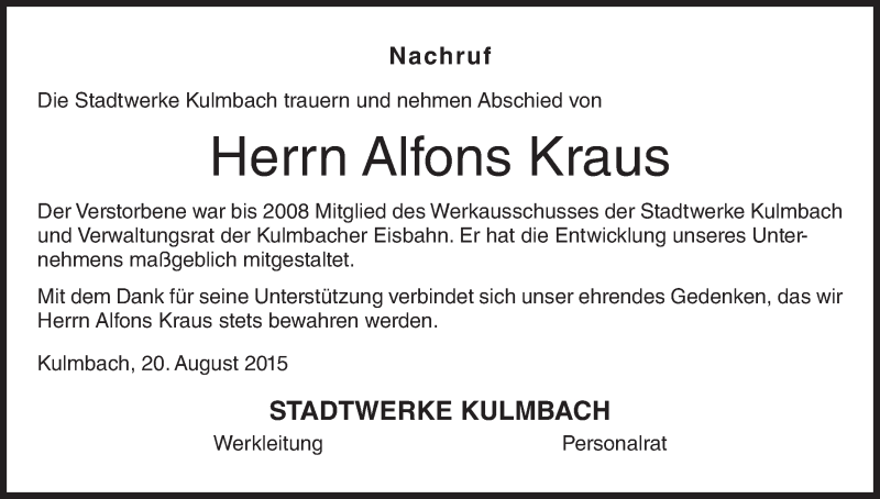  Traueranzeige für Alfons Kraus vom 20.08.2015 aus MGO