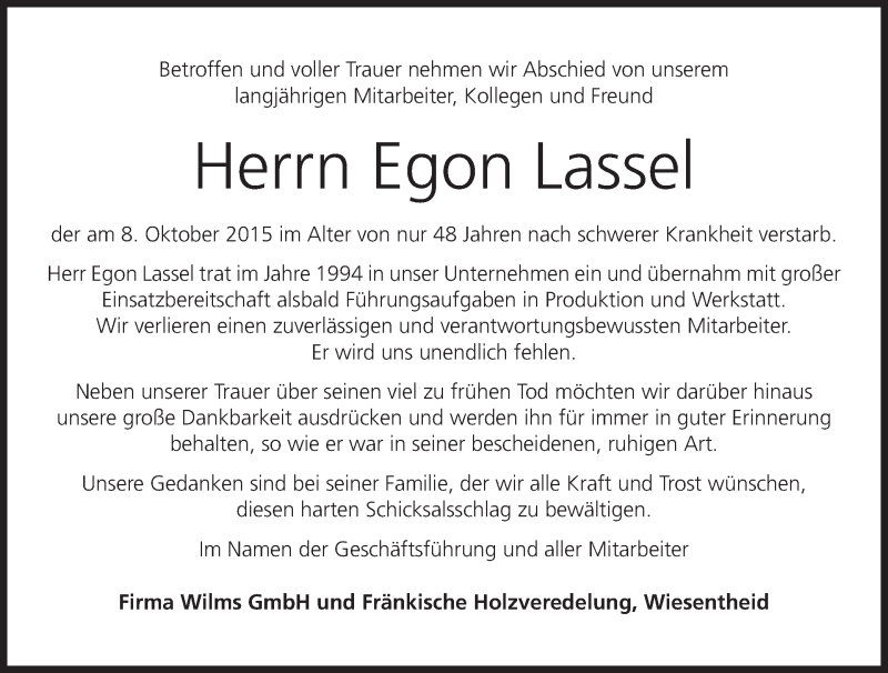  Traueranzeige für Egon Lassel vom 13.10.2015 aus MGO