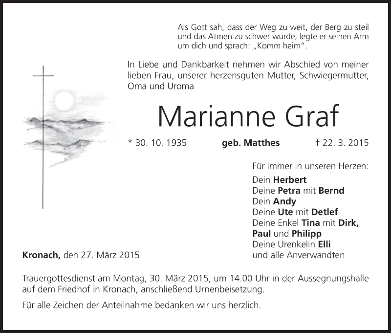  Traueranzeige für Marianne Graf vom 27.03.2015 aus MGO
