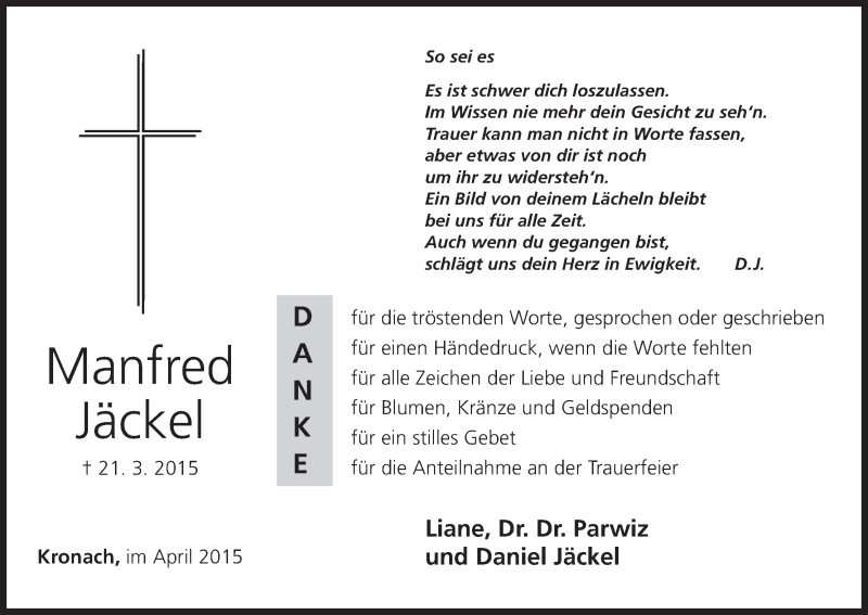  Traueranzeige für Manfred Jäckel vom 24.04.2015 aus MGO