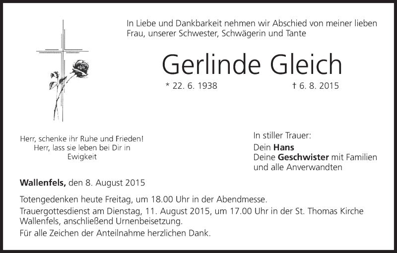  Traueranzeige für Gerlinde Gleich vom 08.08.2015 aus MGO