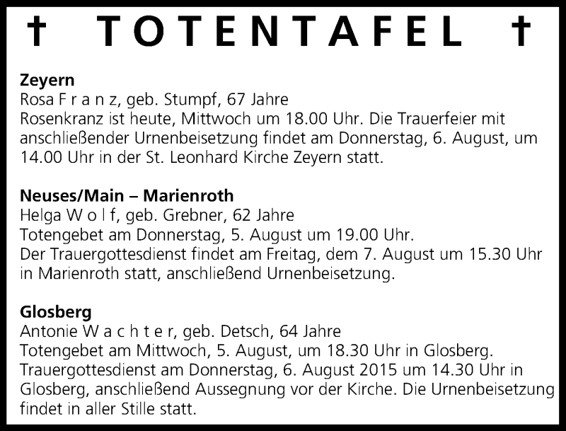  Traueranzeige für Totentafel vom 05.08.2015 vom 05.08.2015 aus MGO