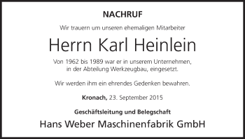 Anzeige von Karl Heinlein von MGO