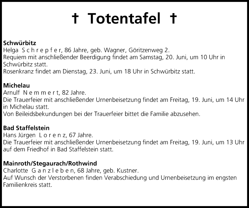  Traueranzeige für Totentafel vom 18.06.2015 vom 18.06.2015 aus MGO