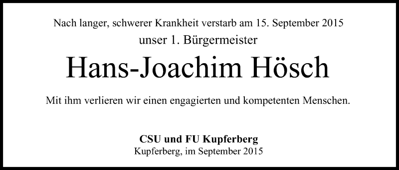  Traueranzeige für Hans-Joachim Hösch vom 19.09.2015 aus MGO
