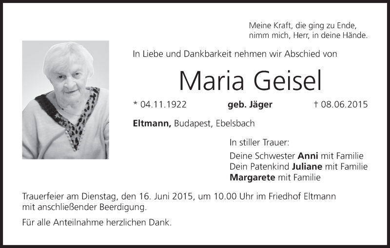 Maria Geisel | Traueranzeige | trauer.inFranken.de