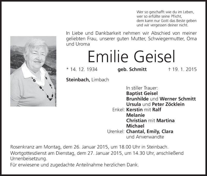  Traueranzeige für Emilie Geisel vom 24.01.2015 aus MGO