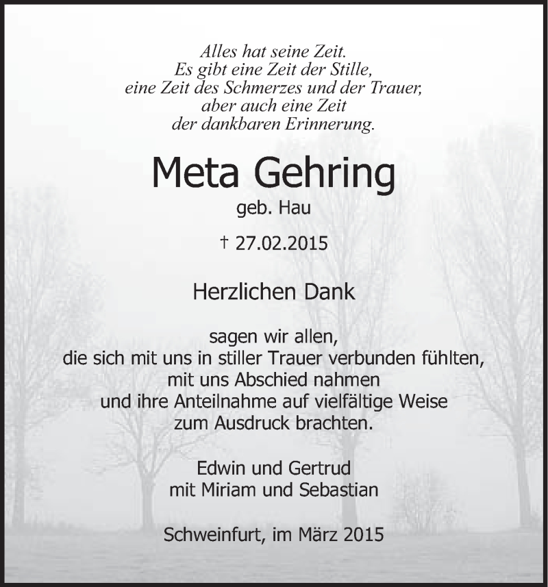  Traueranzeige für Meta Gehring vom 14.03.2015 aus MGO