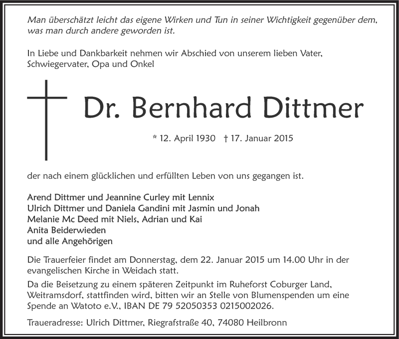  Traueranzeige für Bernhard Dittmer vom 20.01.2015 aus MGO