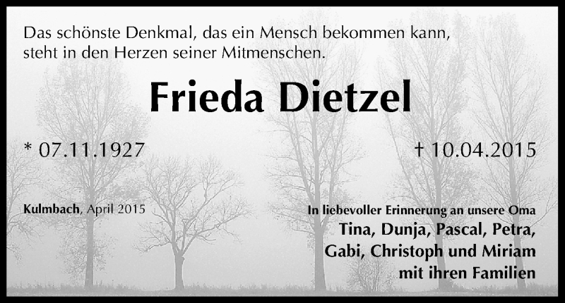  Traueranzeige für Frieda Dietzel vom 11.04.2015 aus MGO