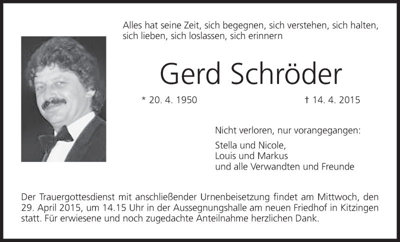  Traueranzeige für Gerd Schröder vom 27.04.2015 aus MGO