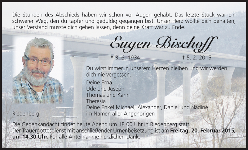  Traueranzeige für Eugen Bischoff vom 11.02.2015 aus MGO
