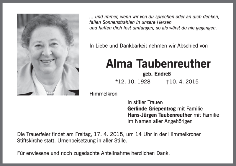  Traueranzeige für Alma Taubenreuther vom 14.04.2015 aus MGO