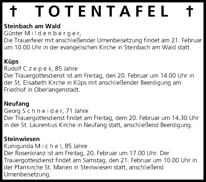  Traueranzeige für Totentafel vom 20.02.2015 vom 20.02.2015 aus MGO